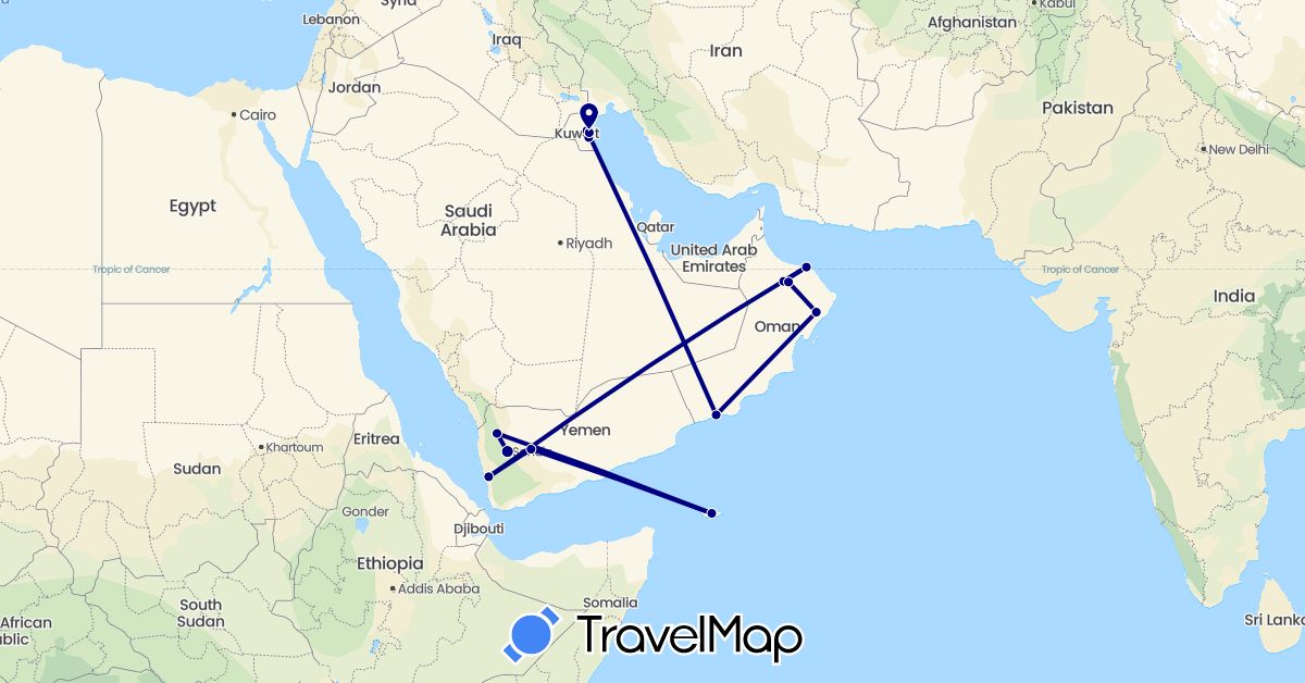 TravelMap itinerary: driving in Kuwait, Oman, Yemen (Asia)